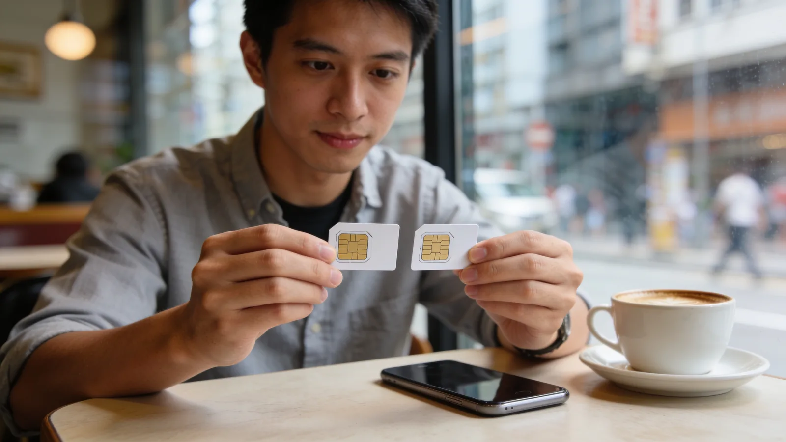 年輕人在咖啡店桌上對比兩張SIM卡，窗外城市景致模糊。