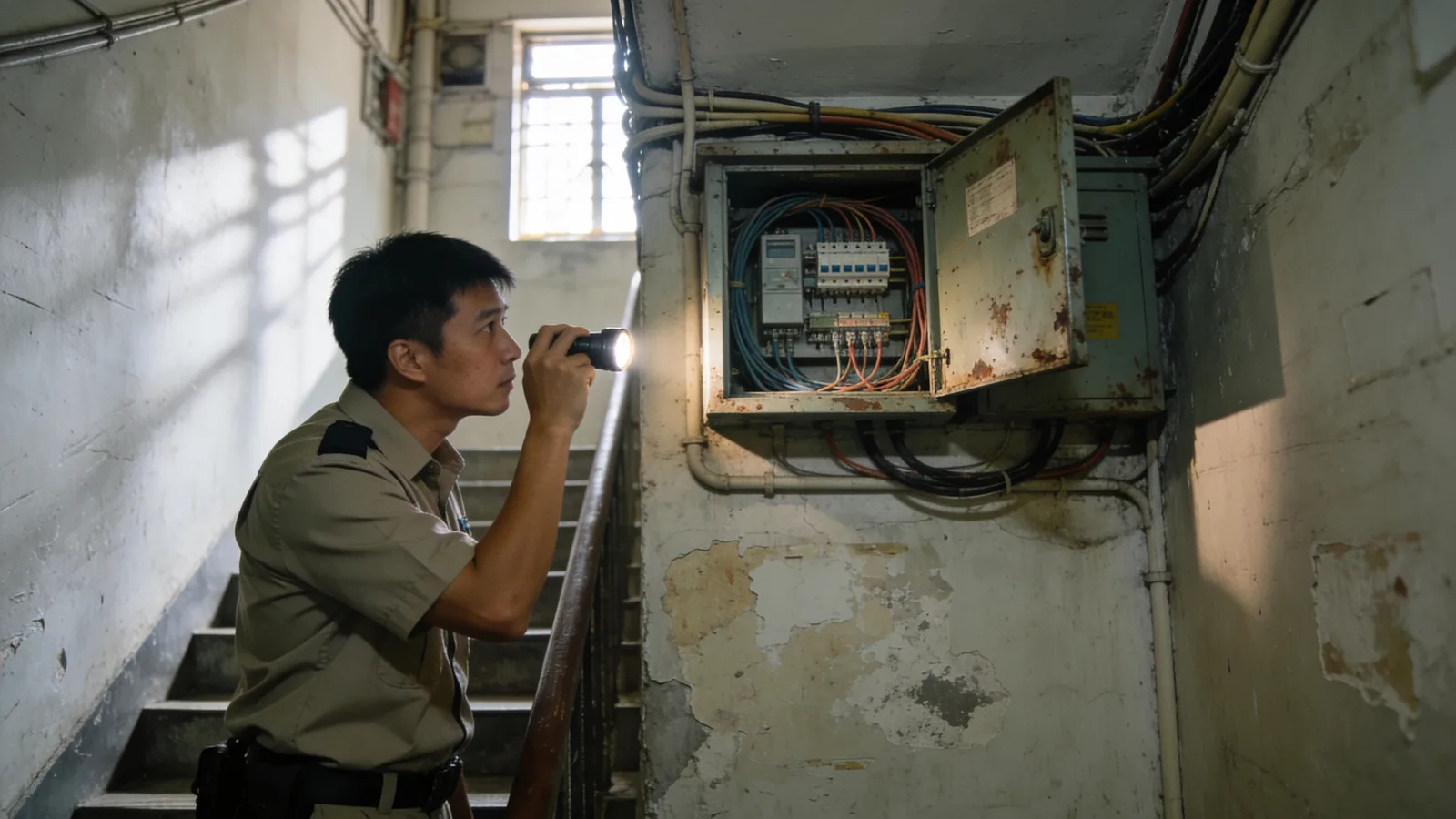 師傅在舊唐樓梯間用手電筒檢查牆上電線槽，日光從窗外照入。